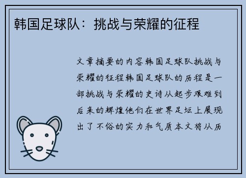 韩国足球队：挑战与荣耀的征程