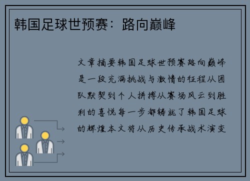 韩国足球世预赛：路向巅峰
